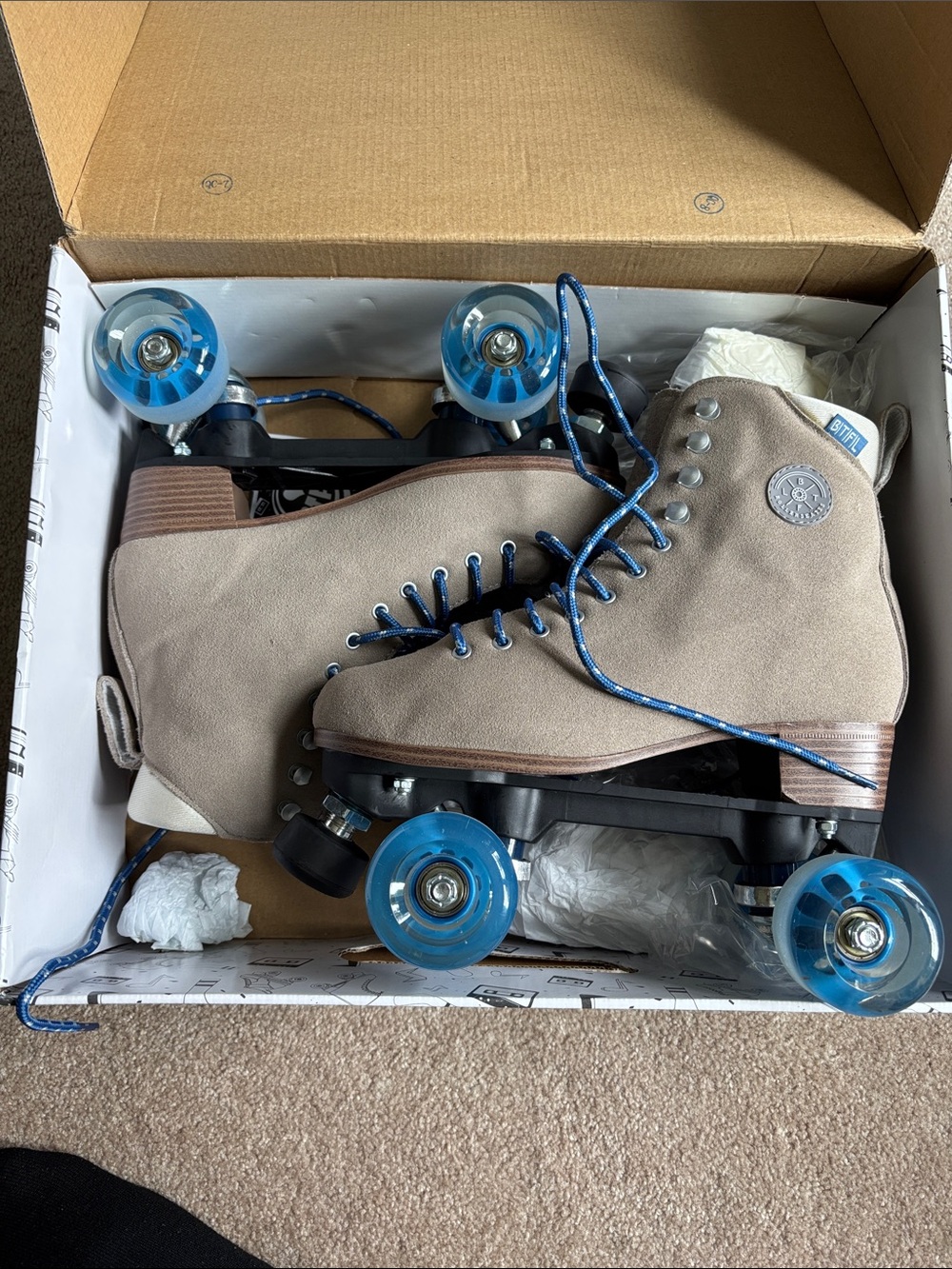 Women’s Taupe Roller Skates with Blue Wheels and Laces